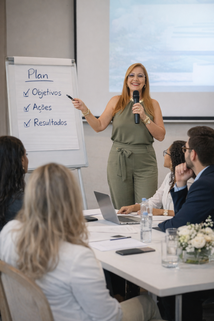 Carmen Amaral realizando mentoria de NR-1 e gestão de riscos psicossociais para empresas em Cuiabá.